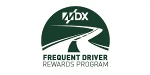 A green circle with a road and the words mdx frequent driver rewards program.