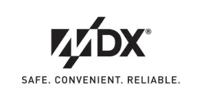 A black and white logo of the company mdx.