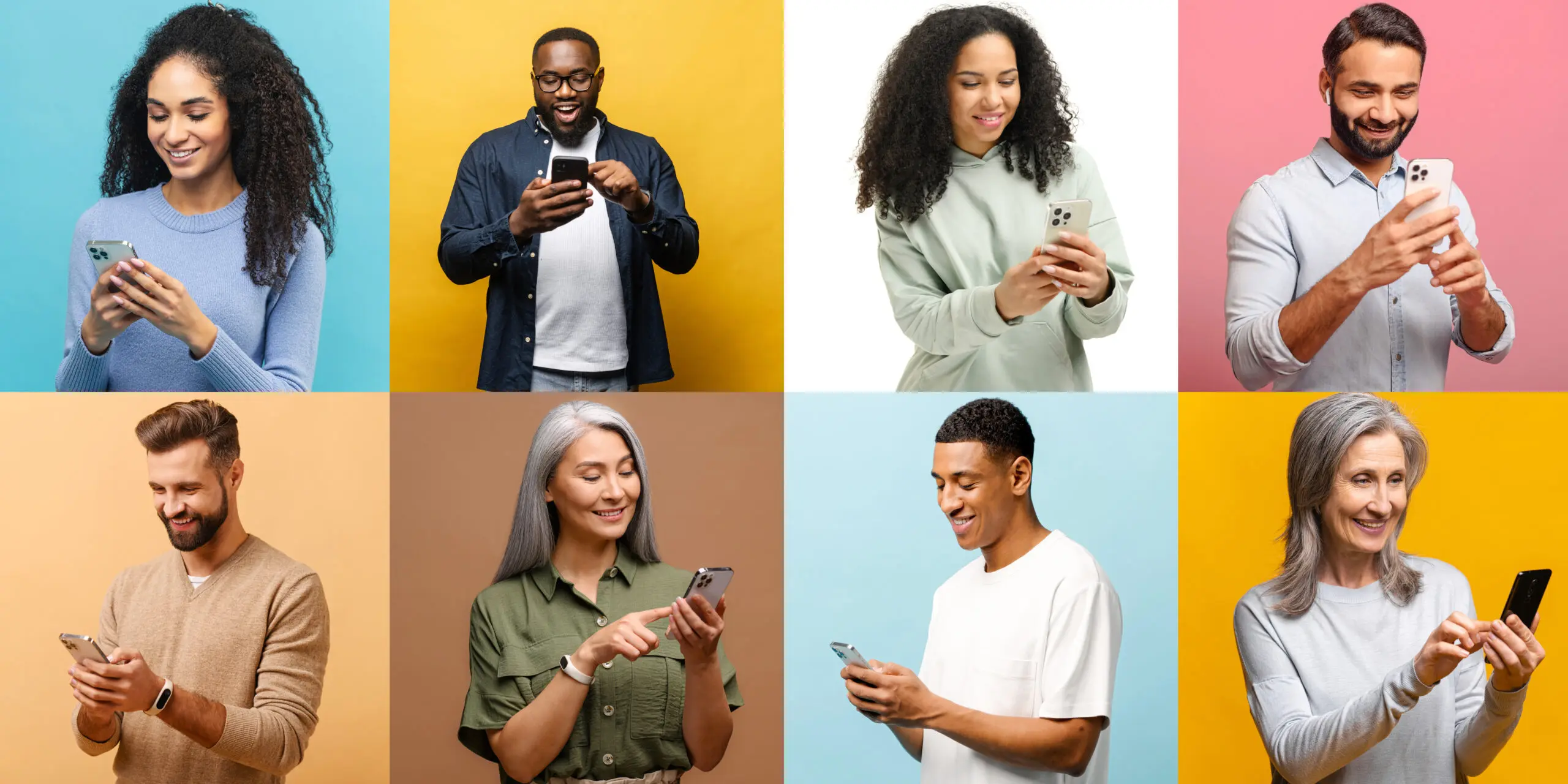 Addiction to gadgets. Collage of multi-generations diverse people using smartphones Four people are looking at their phones.